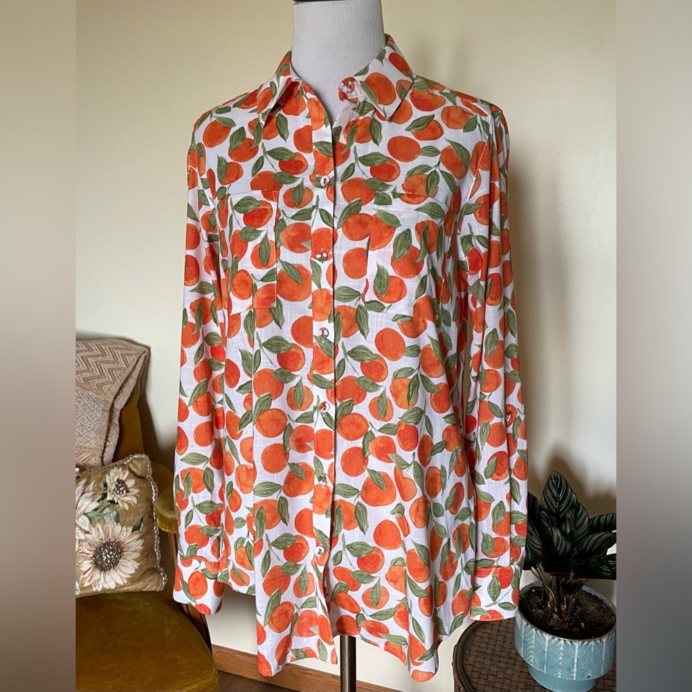 NWT women’s foxcroft oranges patterned button up shirt